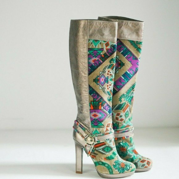 Versace Collection Shoes - Versace Collection Velvet Colourful Print Boots